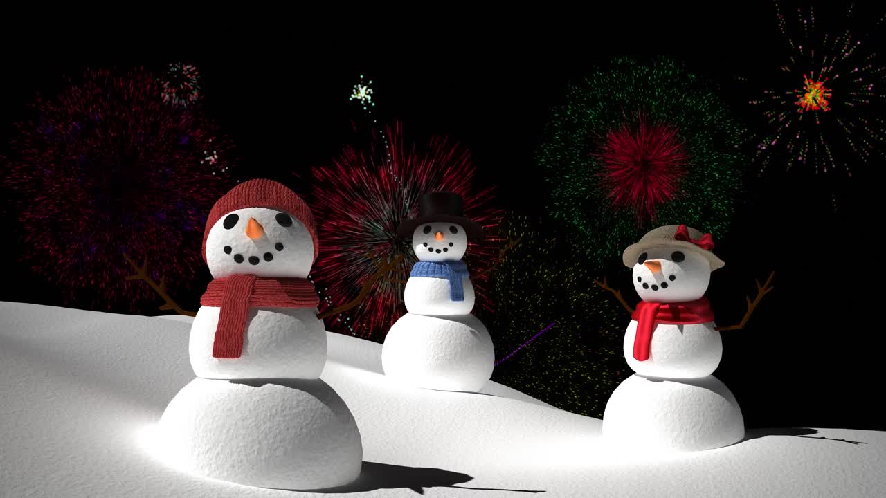 animación de fuegos artificiales coloridos que explotan sobre los muñecos de nieve de navidad sobre fondo negro