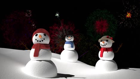 Animation-Von-Bunten-Feuerwerkskörpern,-Die-über-Weihnachtsschneemännern-Auf-Schwarzem-Hintergrund-Explodieren
