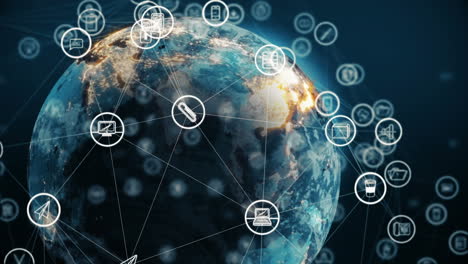 animation of globe of digital icons over spinning globe against blue background