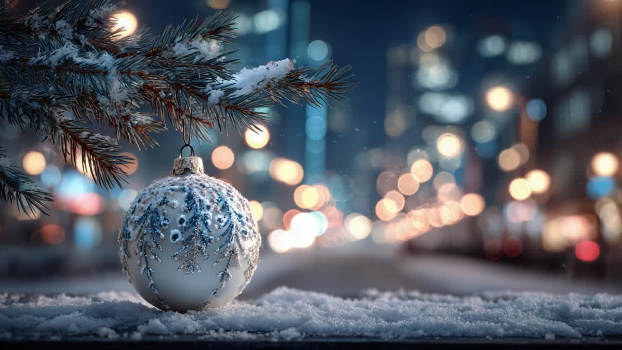 A beautiful, intricately designed Christmas ornament hangs on a snowy evergreen branch, set against a backdrop of softly glowing city lights, capturing the warm spirit of the festive season