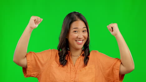 Face,-woman-and-flex-muscle-on-green-screen
