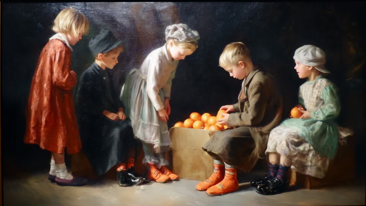 Captivated by Childhood: A Nostalgic Illustration of Young Children Engaging with Oranges, Emphasizing Innocence and Curiosity in Their Expressions and Interactions in a Timeless Scene