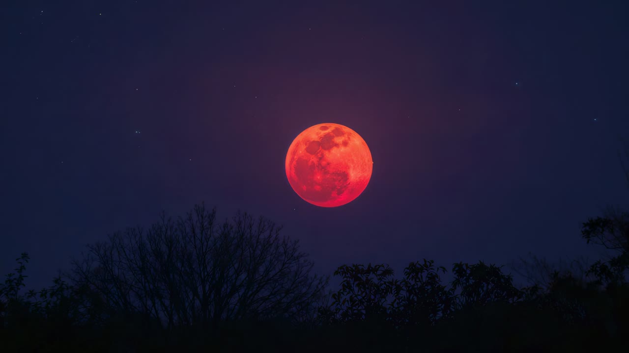 Lua cheia avermelhada nascendo e centralizada acima do horizonte rural ao anoitecer, mostrando halo e estrelas