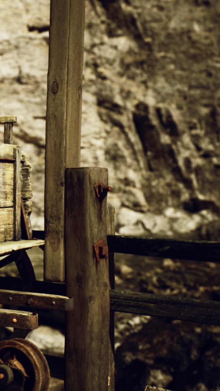Rustic wooden fence stands near rocky cliff under warm sunlight glow