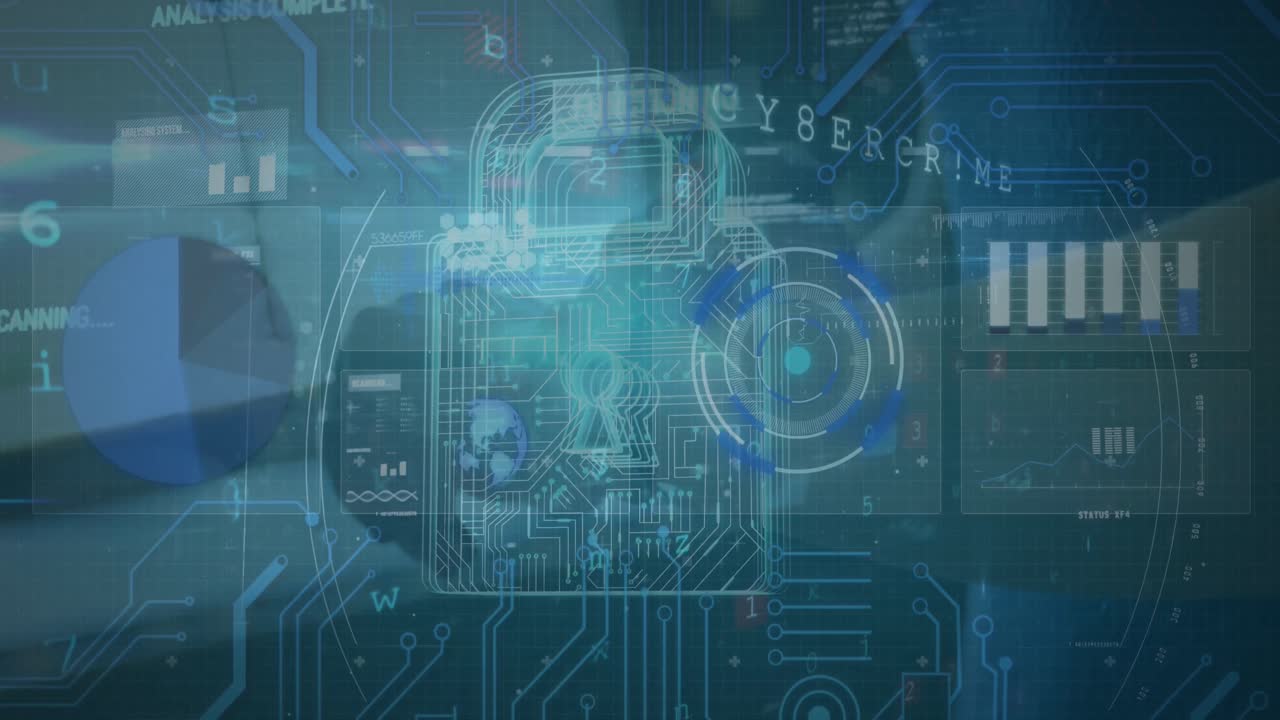 Animation of data processing and padlock on screens over caucasian man checking smartwatch