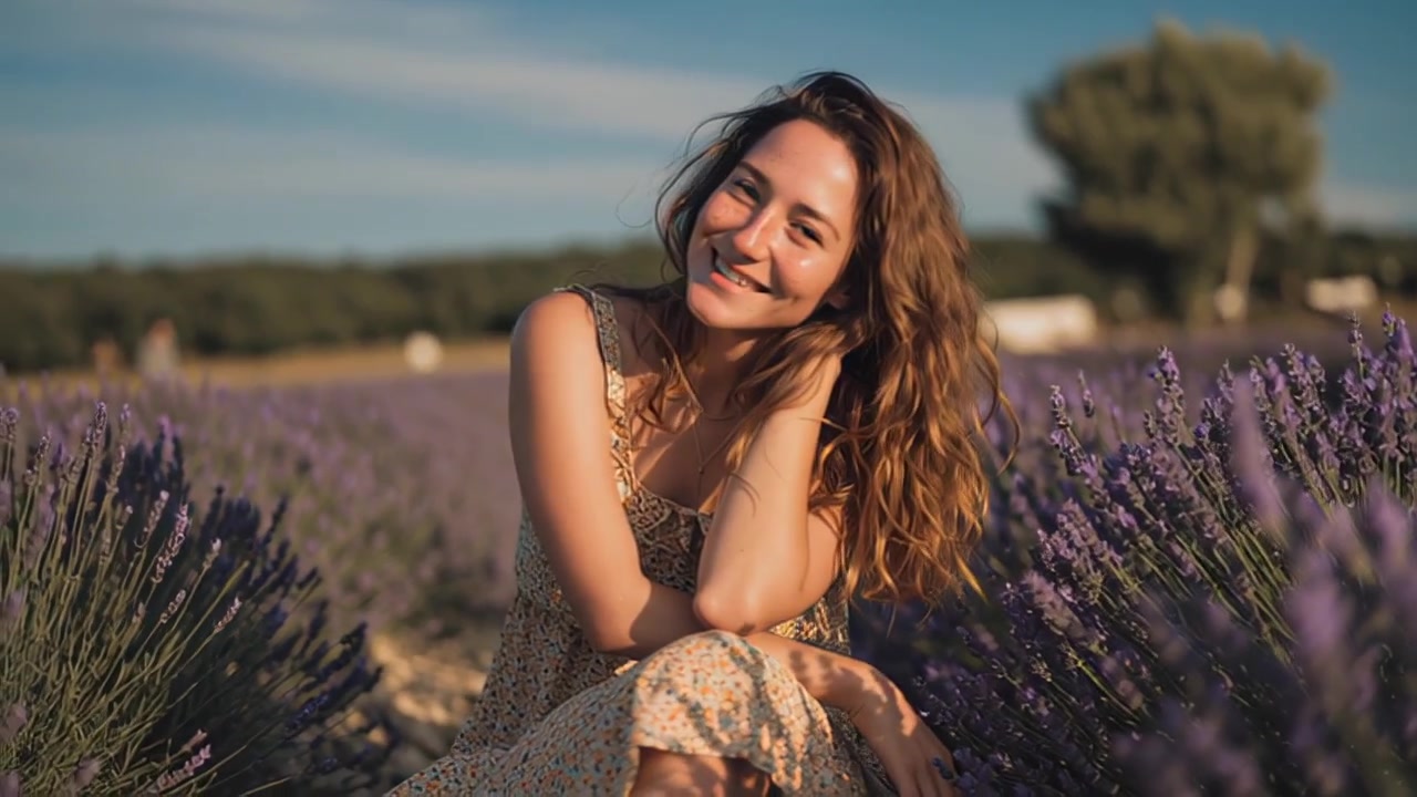 Filmiskt material av en glad ung kvinna som sitter mellan blommande lavendelrader, leende mot kameran i varmt solnedgångsljus, med landsbygdsbakgrund, sommarlivsstil.