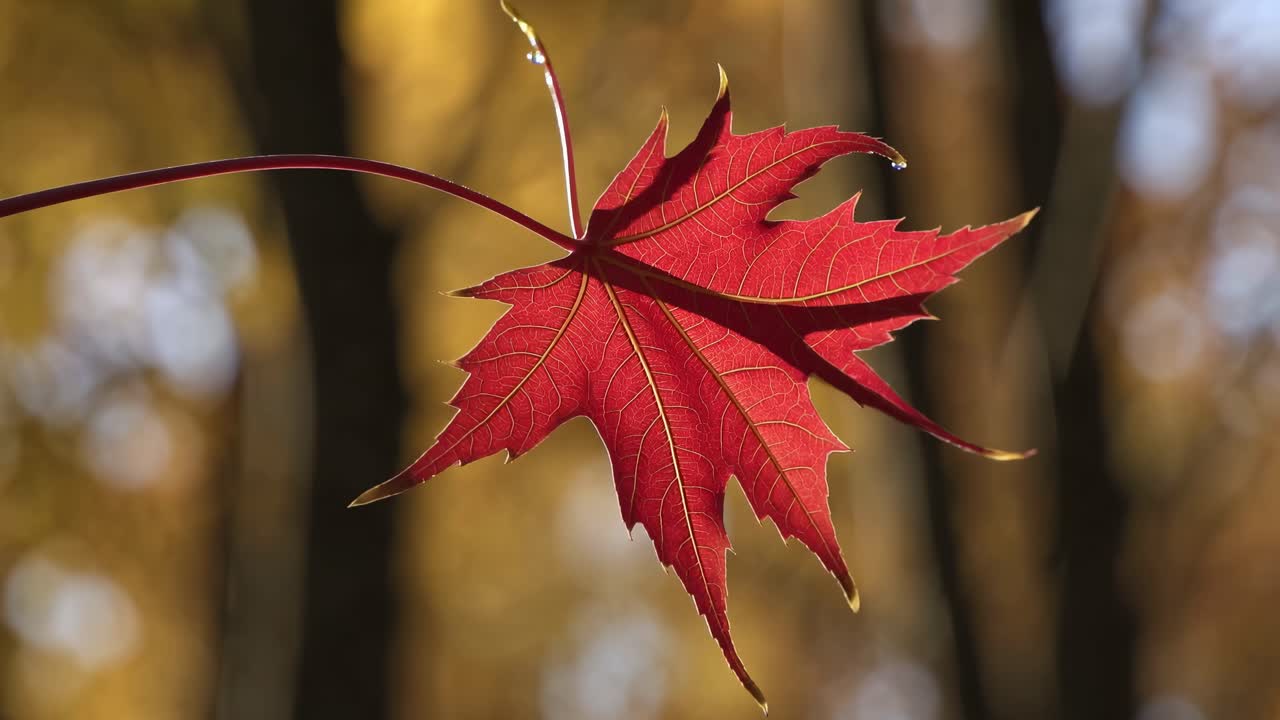 Close-up of a vibrant red maple leaf against a blurred autumn forest background, captured at eye