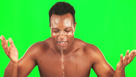 Black-man,-skincare-and-water-splash-on-green