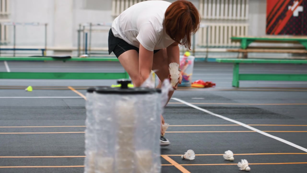 Solo shuttle collection. Competitive badminton athlete performing repeated pickups indoors. An athlete practices precise footwork by collecting shuttlecocks during focused indoor training