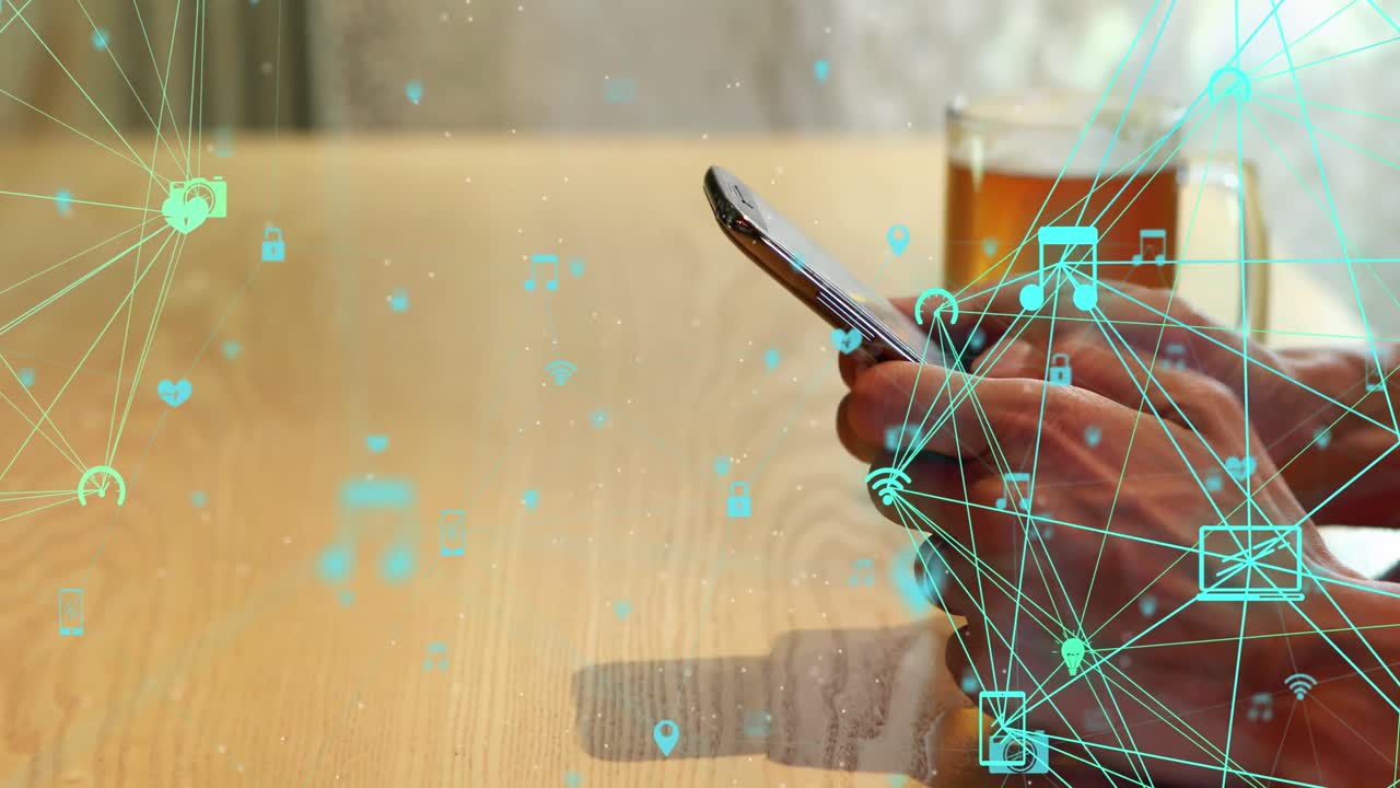 animación de una red de conexiones con iconos sobre una mujer de negocios biracial que usa un teléfono inteligente