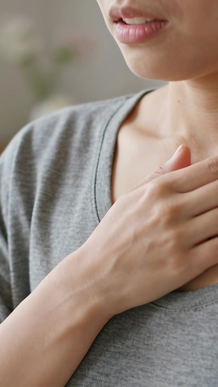Video verticale: Mano destra appoggiata sul petto che provoca un respiro leggero, labbra che si muovono, in casa con maglietta grigia e una pianta.