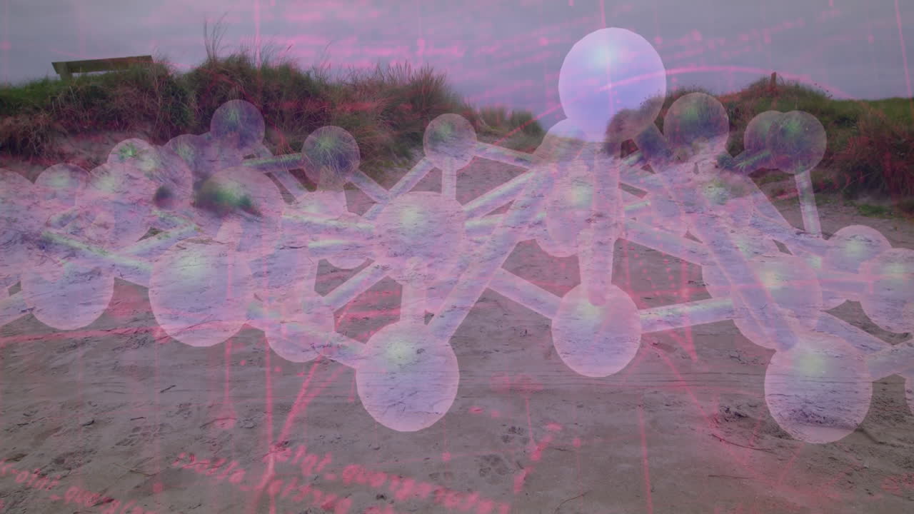 Molecular structure animation over sandy path with grassy dunes in background