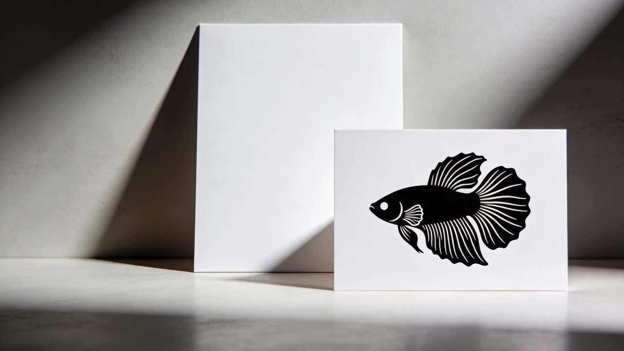 Zooming camera reframing on table, focusing white card with Betta fish beside panel, copy space
