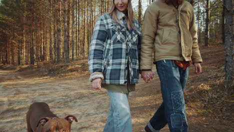 pareja caminando con un perro en el bosque