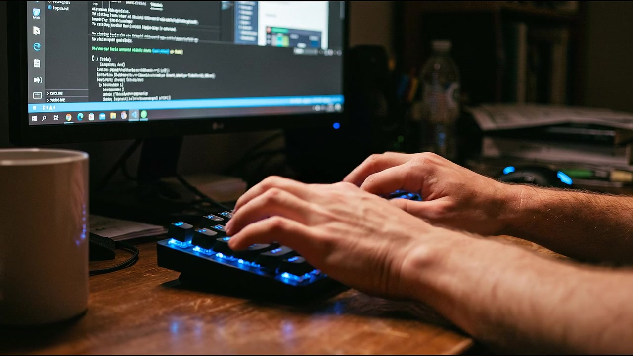 Hands Typing on a Backlit Mechanical Keyboard with Code on Monitor