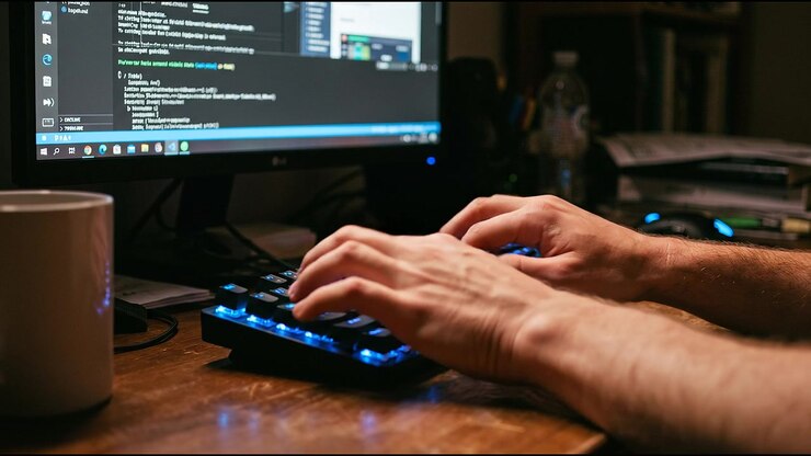Handen typen op een mechanisch toetsenbord met achtergrondverlichting en code op het scherm