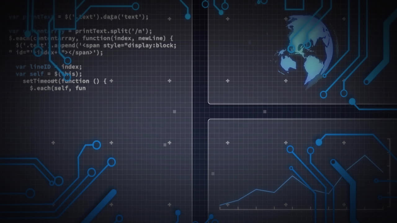 Animation of data processing and connections over globe
