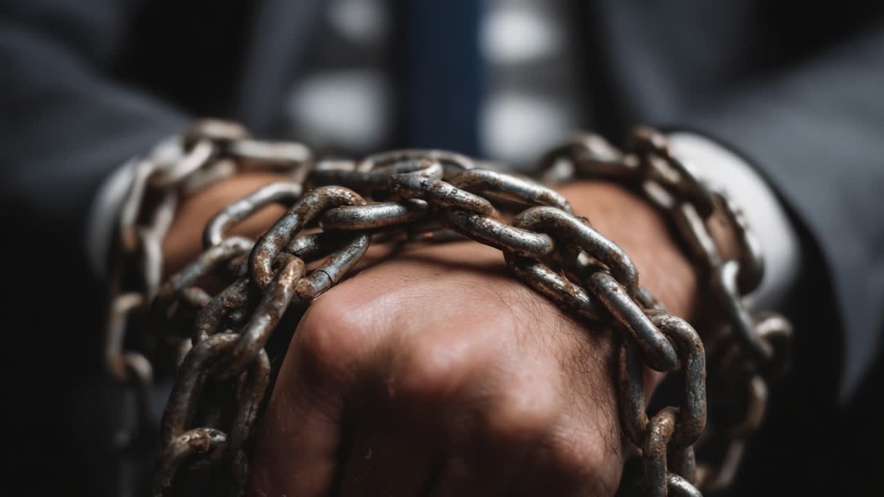 A close-up view of a man's hand tightly bound in rusty chains, symbolizing oppression, struggle, and a desperate yearning for freedom while dressed in formal attire