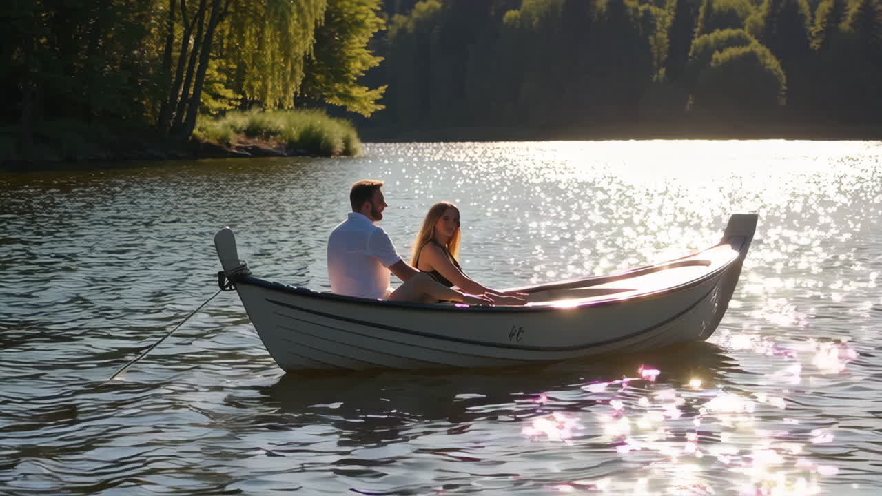 Couple Enjoying a Romantic Boat Ride on a Lake