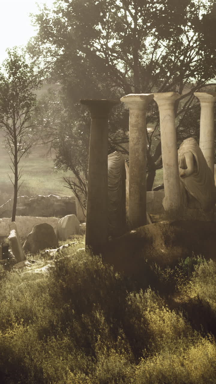 Ancient pillars stand tall amidst lush greenery in a serene landscape