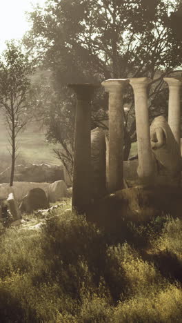 ancient pillars stand tall amidst lush greenery in a serene landscape