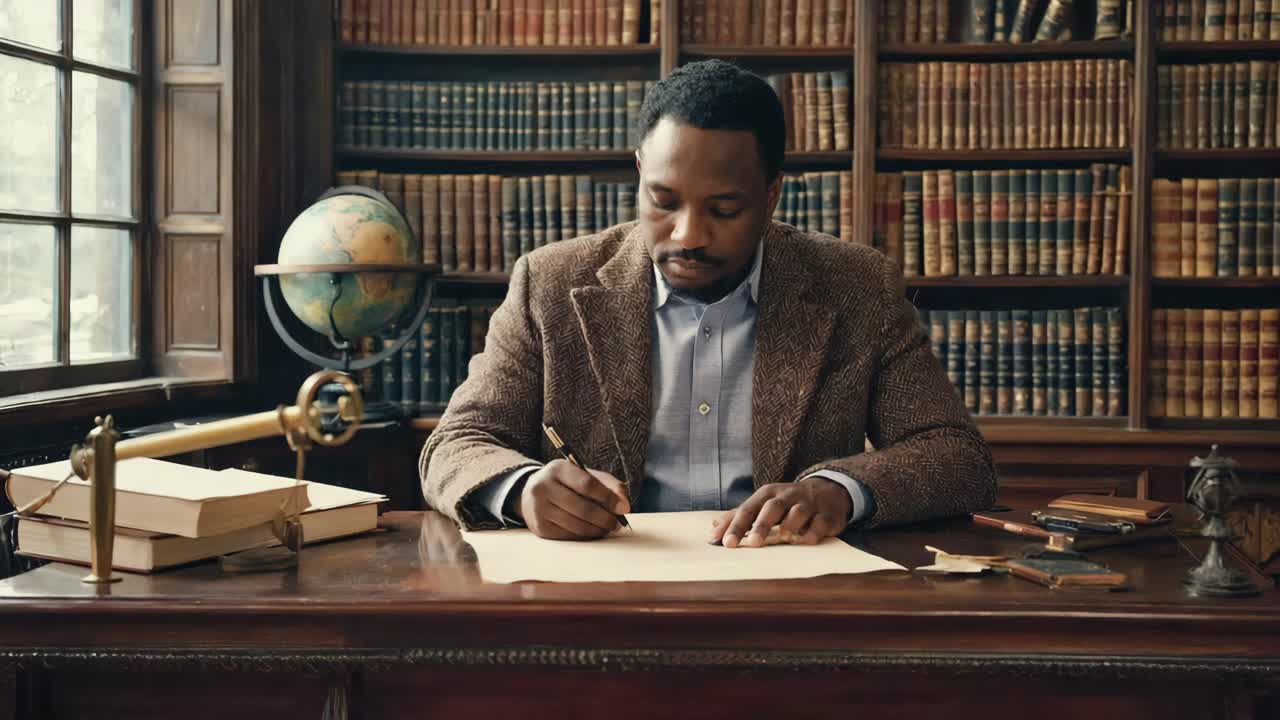 Man Writing at Desk in Library