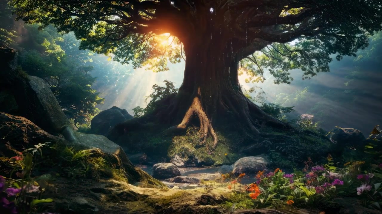 Albero antico in una lussureggiante foresta incantata con raggi di sole