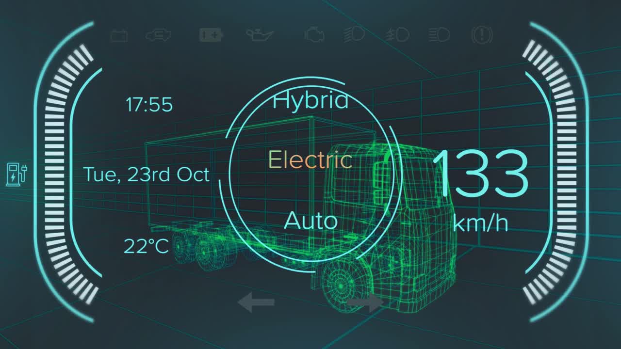 Animation of speedometer and power status data on hybrid vehicle interface, over 3d truck model