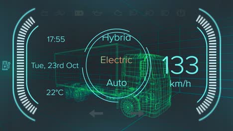 animation of speedometer and power status data on hybrid vehicle interface, over 3d truck model