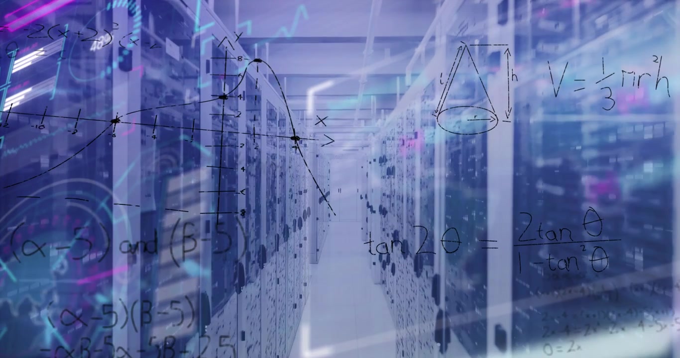 Animation of mathematical equations and data processing against computer server room