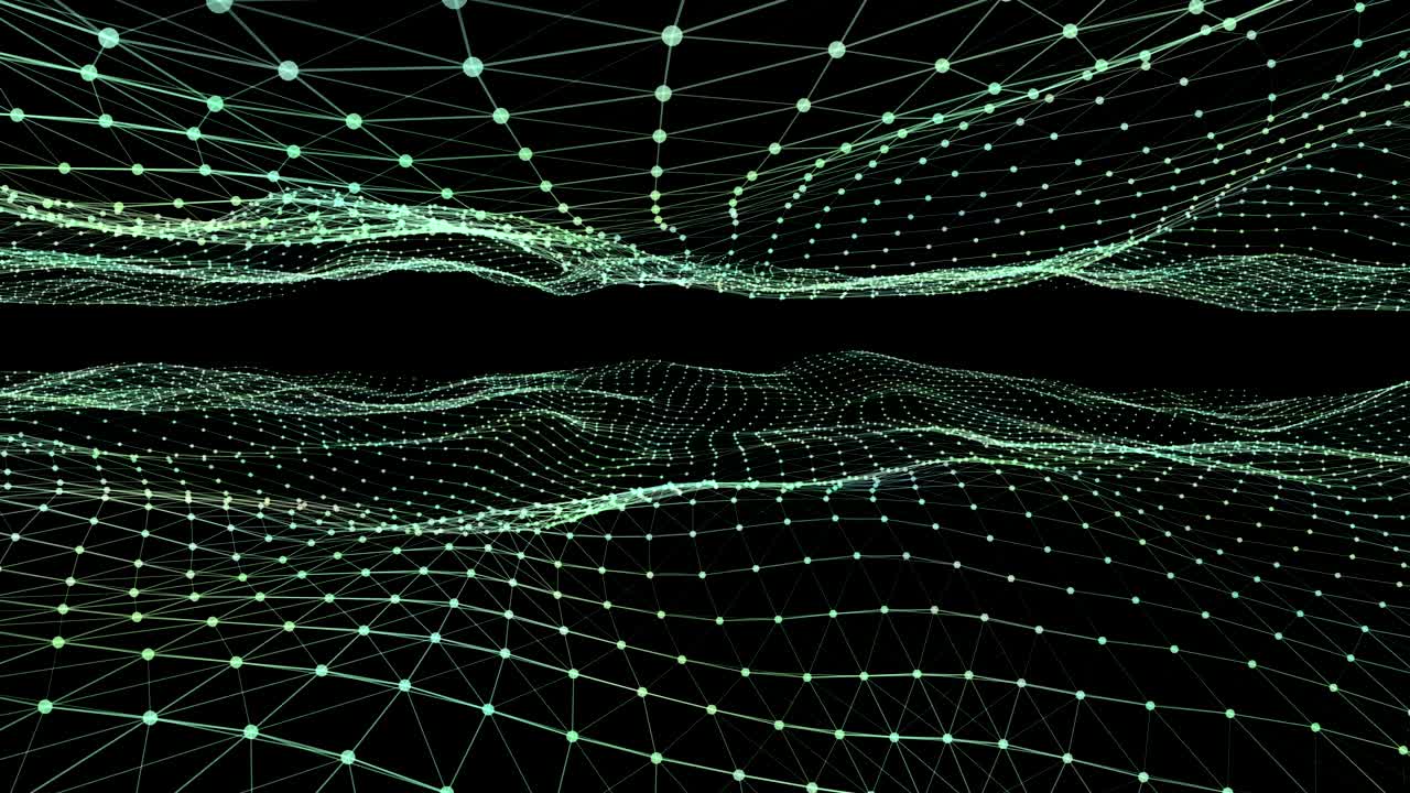Glowing green mesh waves against black background