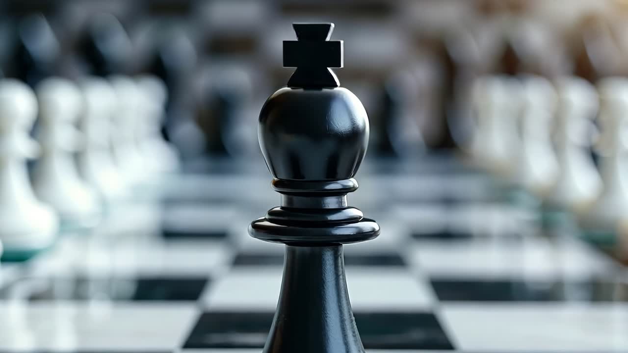 A black chess piece standing on a chess board surrounded by white chess pieces