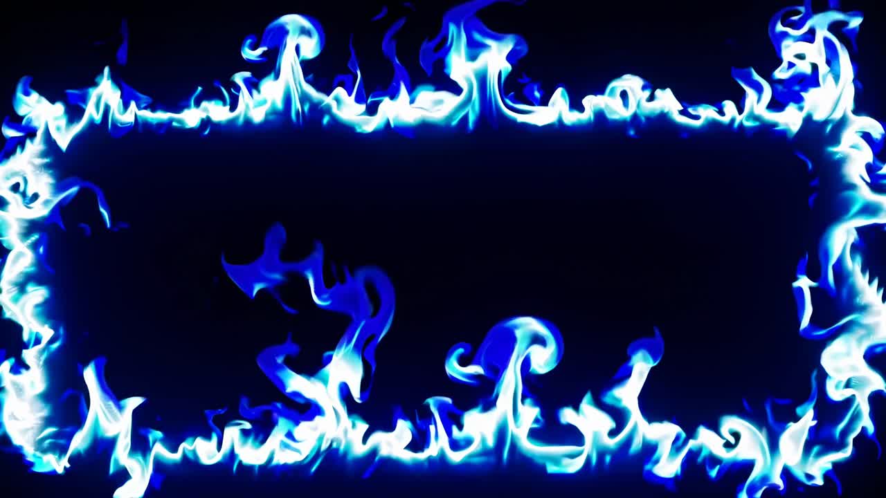 Un cadre vidéo dynamique avec des flammes bleues formant une bordure rectangulaire.