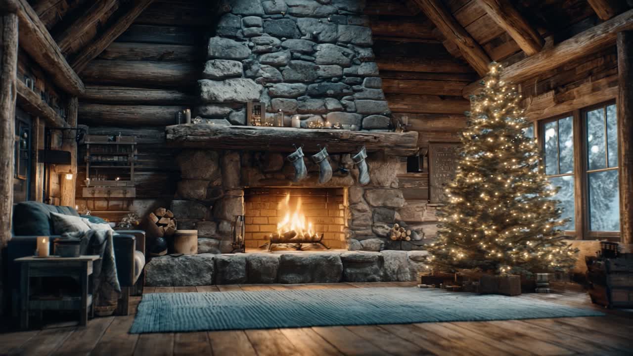 A Cozy Winter Cabin Retreat with a Glowing Fireplace and Illuminated Christmas Tree, Perfect for the Holiday Season Atmosphere and Comfort