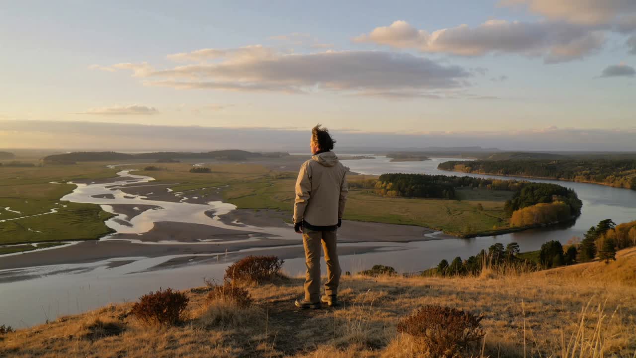 Uomo in piedi che scruta l'estuario da una scogliera erbosa, sole al tramonto, con giacca con cappuccio, guanti e stivali