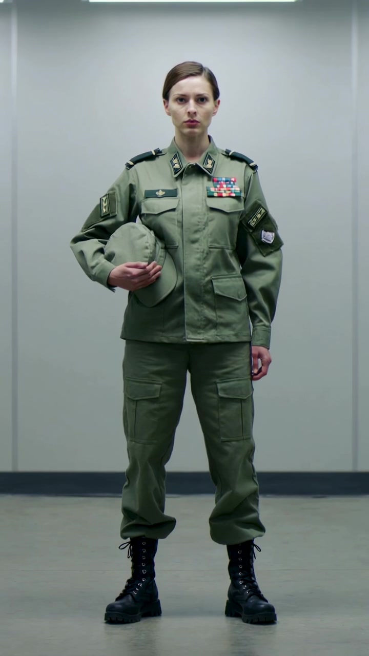 Vertikales Video: Kamera startet, Soldat steht stramm auf Stützpunkt, hält Mütze, zeigt Rangabzeichen.