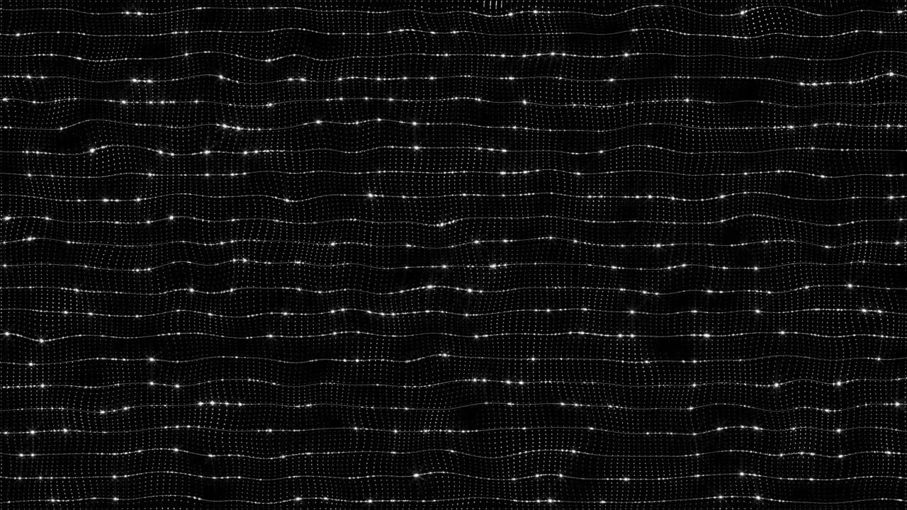 White digital wave grid flows across black space mesh glowing nodes abstract data motion technology