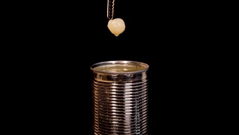 a hand uses metal tongs to lift a peeled longan fruit from an open canned food container against a black background, with even studio lighting and static camera