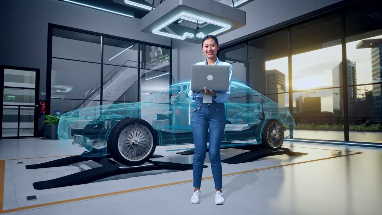 Ingegnere donna che usa un laptop con un design digitale di un'auto