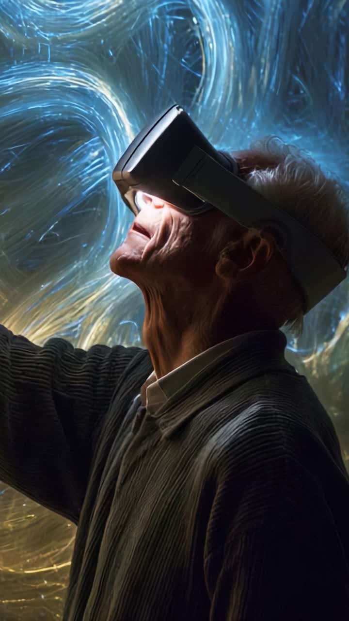 Un homme âgé plongé dans la réalité virtuelle, expérimentant un monde futuriste amélioré par des jeux de lumière et des couleurs dynamiques à travers son casque de réalité virtuelle