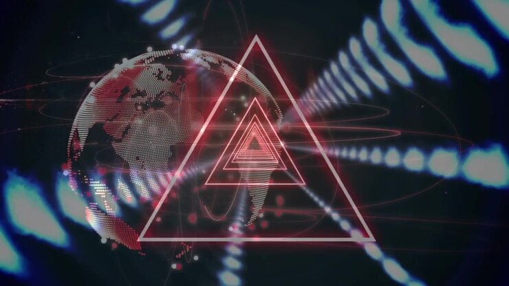 Animazione di triangoli al neon che pulsano su globo su sfondo nero