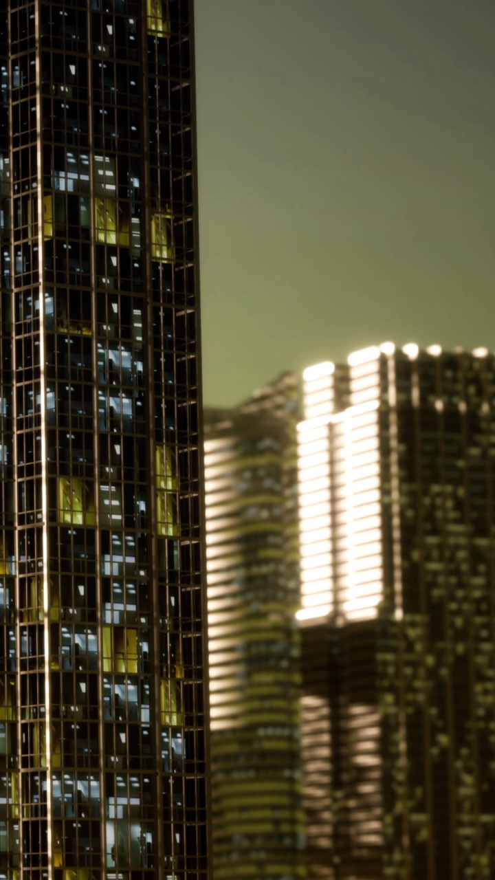 Vertical Pan of a Modern Skyscraper with Illuminated Windows at Night