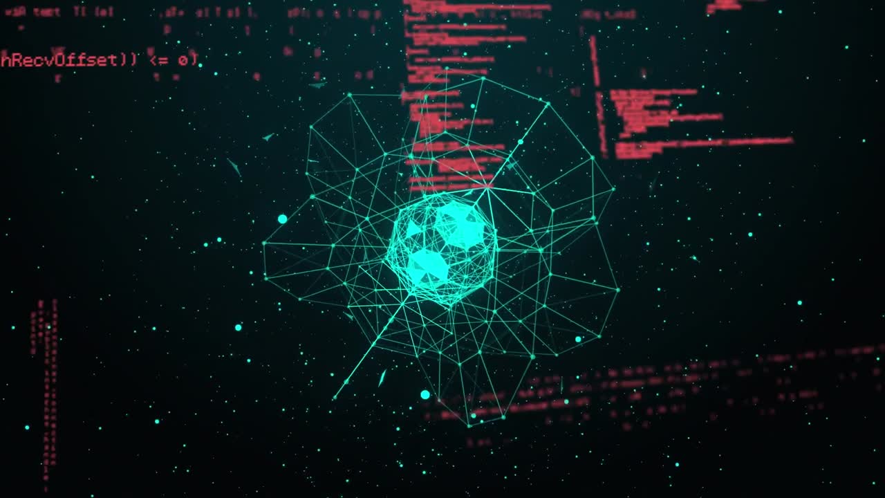 animación del procesamiento de datos sobre formas geométricas abstractas que giran contra un fondo negro