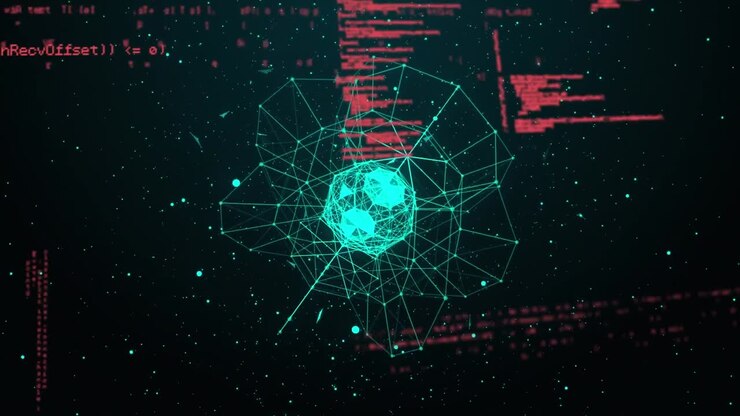 Animation of data processing over abstract geometric shape spinning against black background