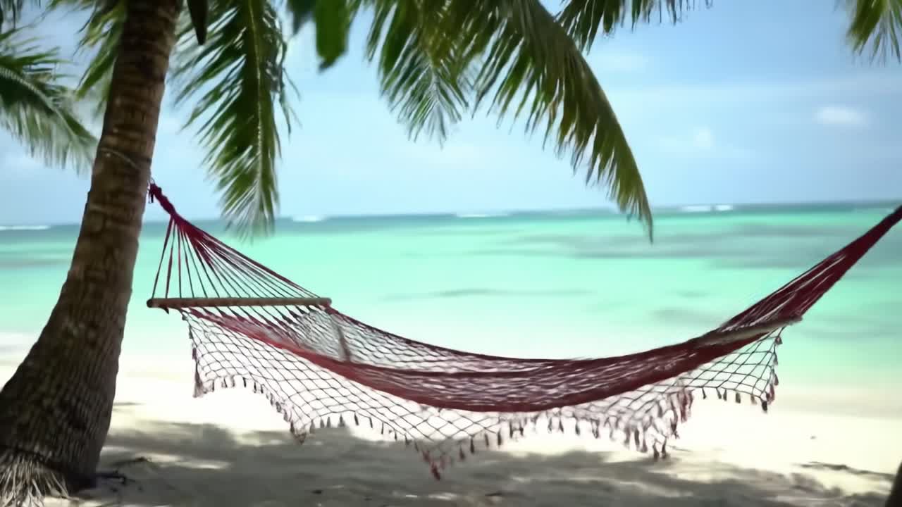 A Tranquil Tropical Escape: A Beautiful Red Hammock Draped Between Palm Trees, Overlooking Crystal Clear Waters and White Sands on a Serene Beach Retreat