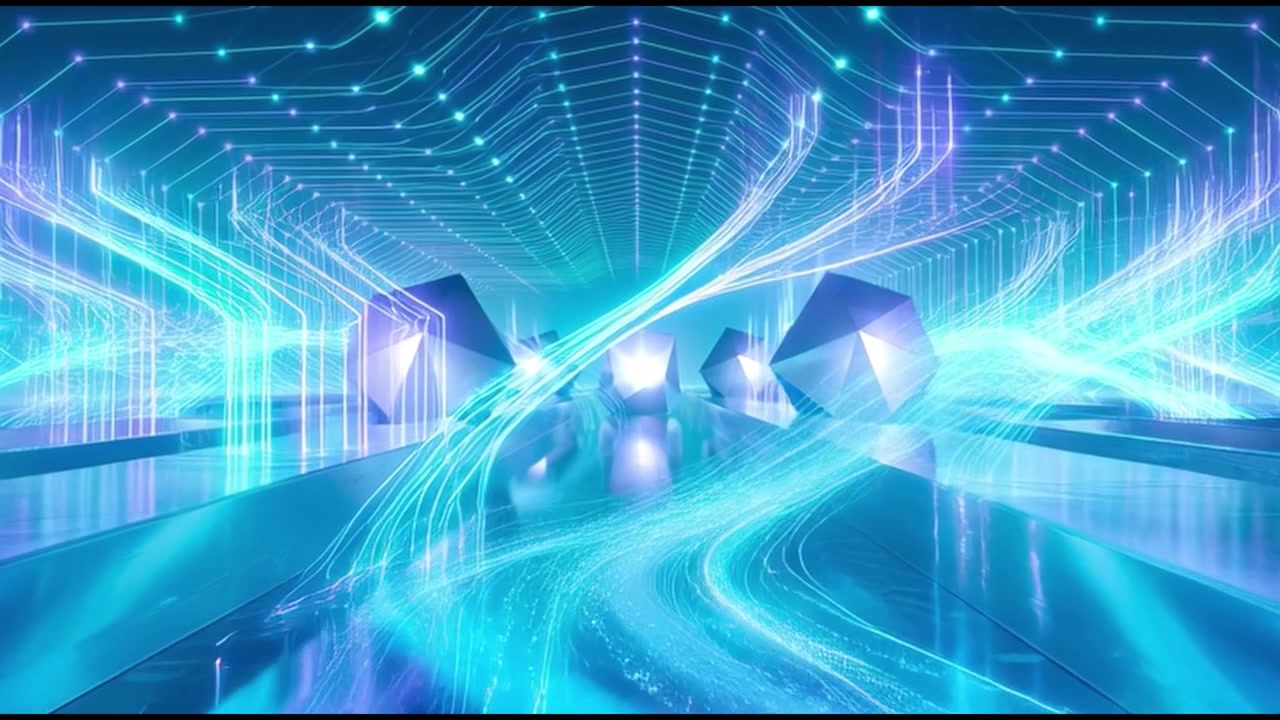 Abstract Digital Tunnel with Glowing Geometric Shapes and Data Streams