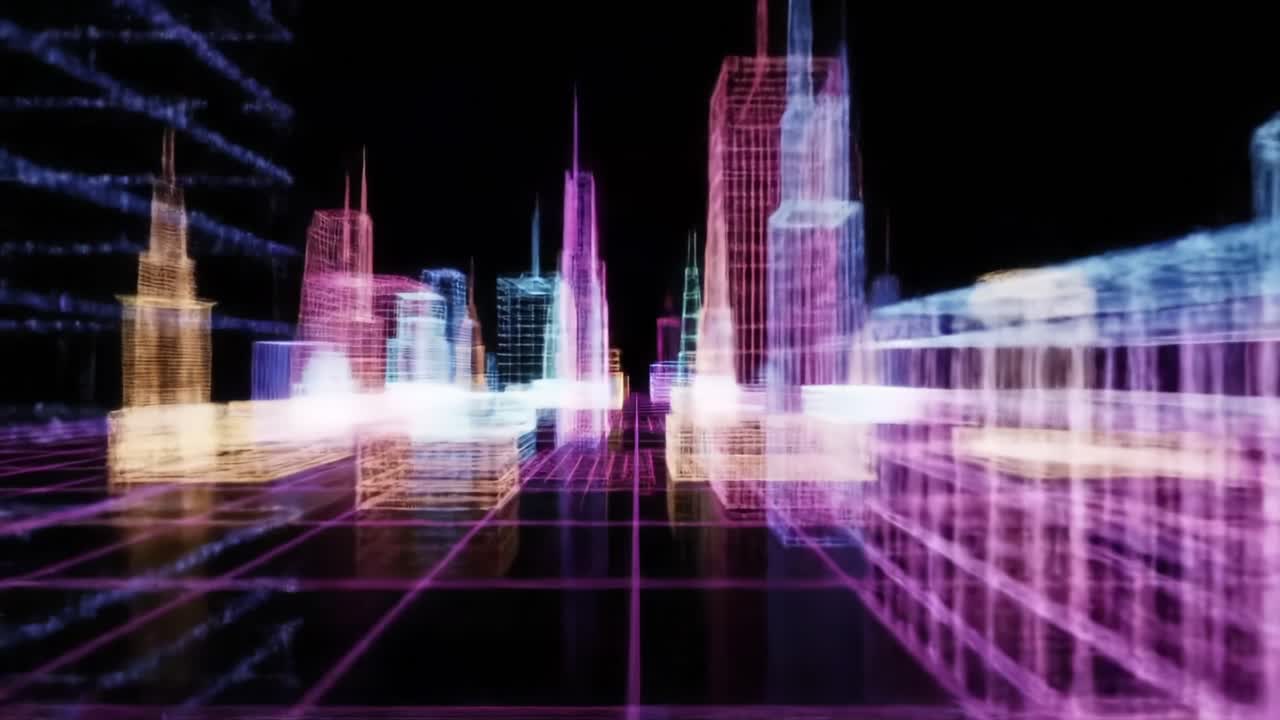 A Vibrant and Futuristic Neon Cityscape: A Dynamic Journey Through a High-Tech Urban Environment with Pulsating Lights and Architectural Structures