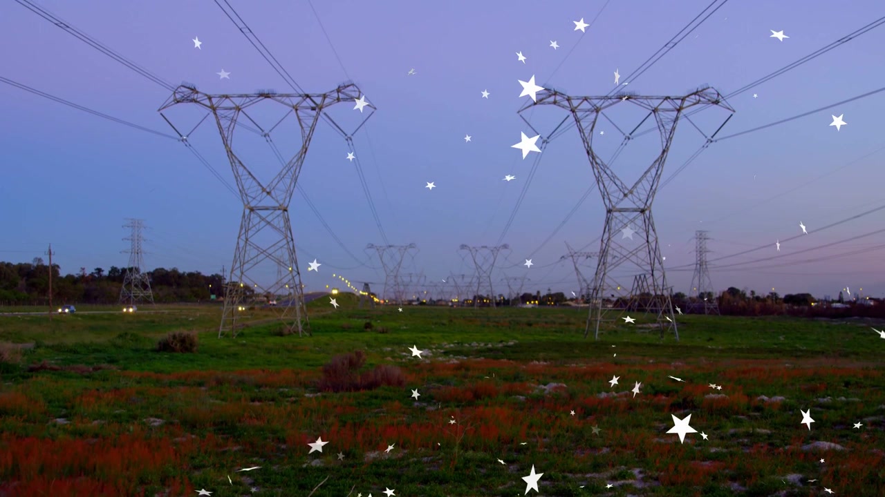 White star particles appearing lower-right, drifting upward over towers, highlighting dusk corridor