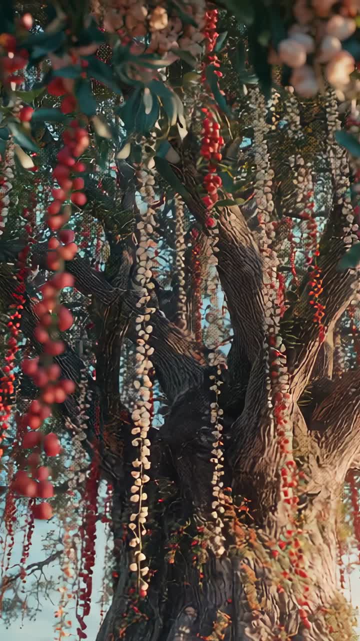 Vertical video: Camera panning across gnarled tree trunk in grove, revealing red, beige bead pods