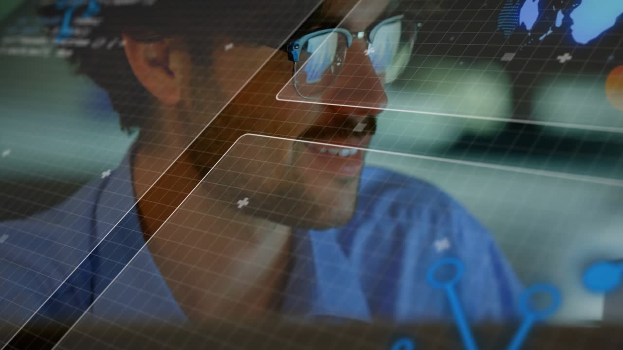 Man leaning on hand, analyzing cybersecurity data with grid panels, plus symbols, node graph icons